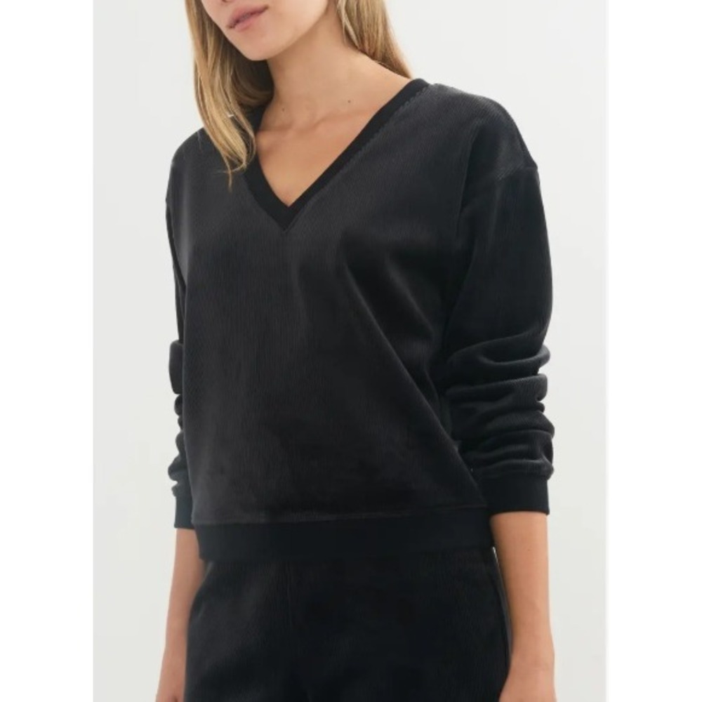 Marine Layer Cara Velour Sweatshirt Black Micro Rib Athleisure Cozy Womens L